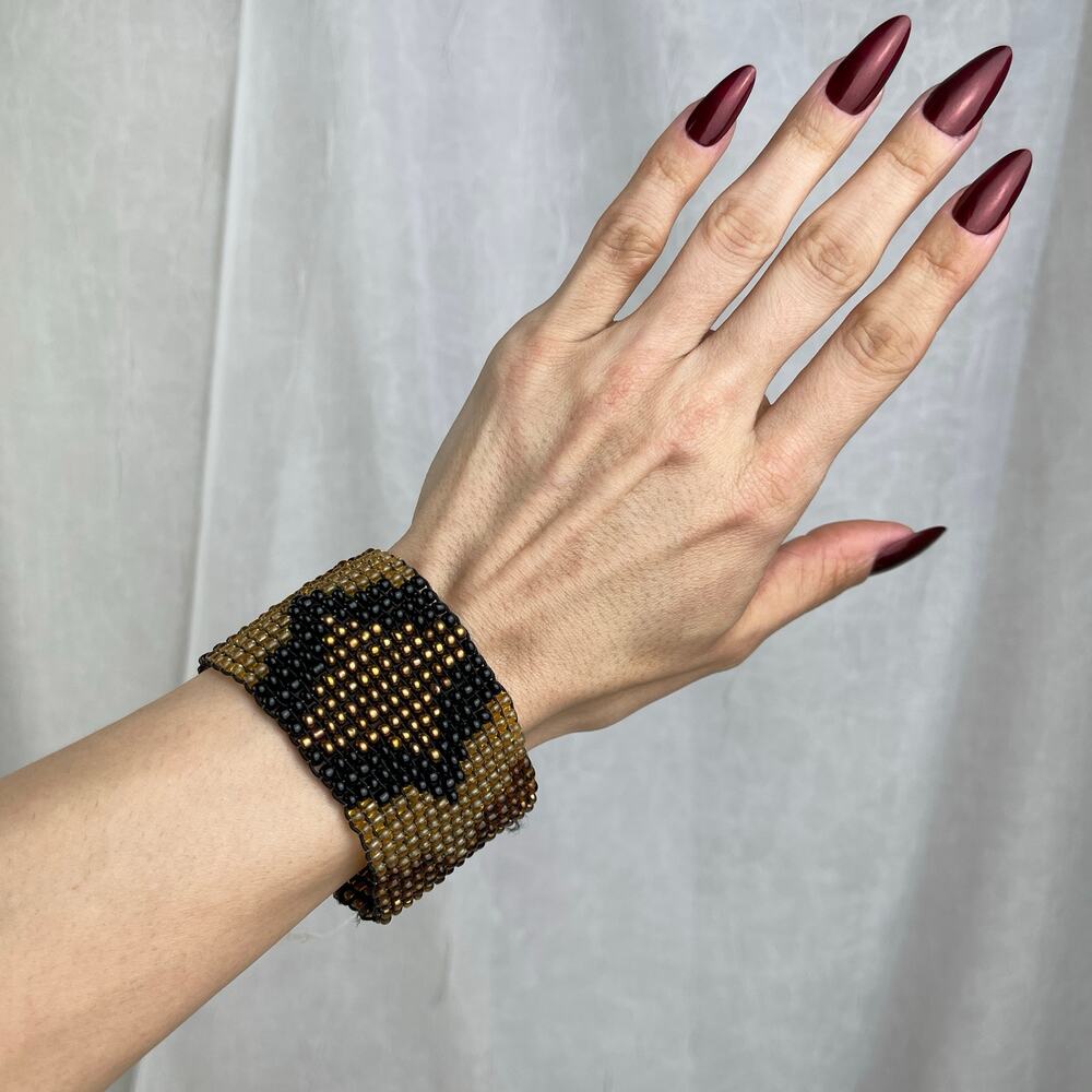 🚫SOLD🚫 Southwestern Beaded Stretchy Cuff Bracelet Black Copper Gold Brown Seed